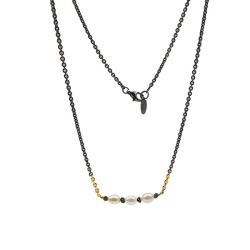 reringe med oxideret Sterlingslv &amp; 14kt m.Ferskvandsperle &amp; Sorte Diamanter