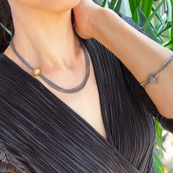 Armbnd &amp; Halskde med Magnetls - 4 rk. DiamondCut-Oxyderet/sort Rhodineret