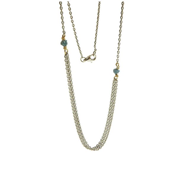 Necklace - Rhodium/Goldplated w. blue-green Raw Diamonds