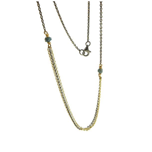 Necklace - Goldplated/Black Rhodium w. blue-green Raw Diamonds