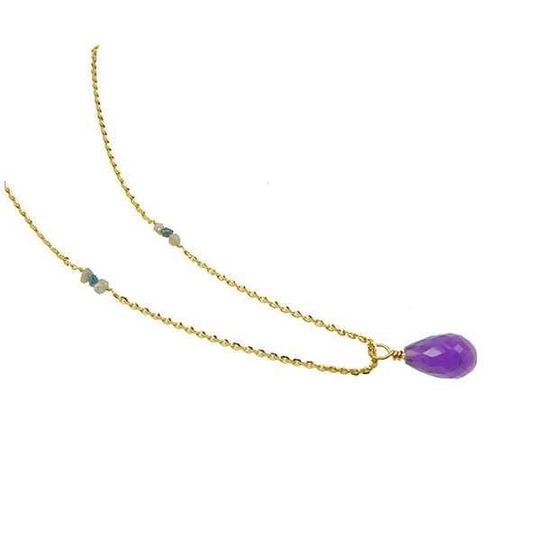 14K Necklace w.Faceted Amethyst and Raw Diamonds