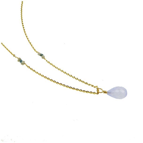 14K Necklace w.Faceted Chalcedony and Raw Diamonds