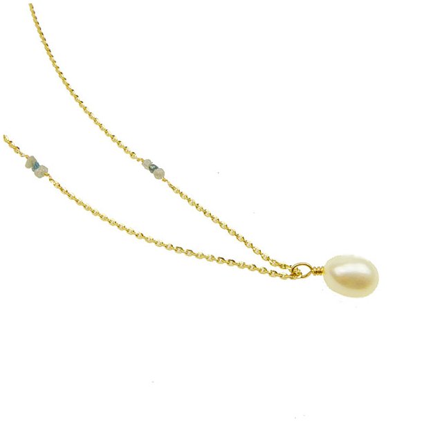 14K Necklace w.white Fresh Water Pearl &amp; Raw Diamonds