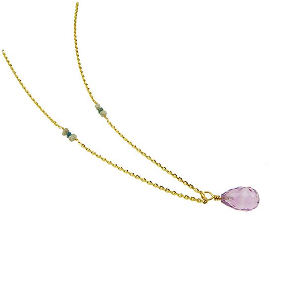 14K Necklace w.Faceted Pink Amethyst and Raw Diamonds