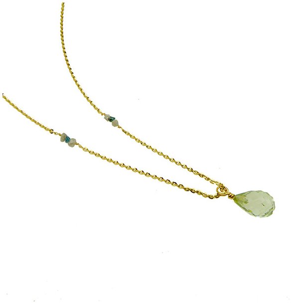 14K Necklace w.Faceted Green Amethyst and Raw Diamonds