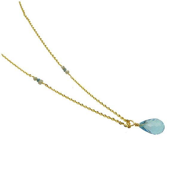 14K Necklace w.Faceted Blue Topas and Raw Diamonds