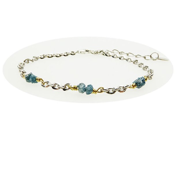 Bracelet &amp; Necklace - Rhodium/Goldplated w. blue-green Raw Diamonds