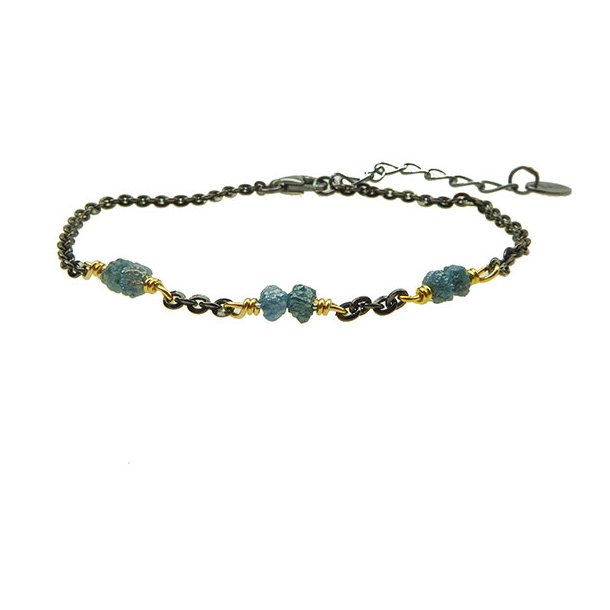 Bracelet &amp; Necklace - Black Rhodium/Gold plated w. blue-green Raw Diamonds
