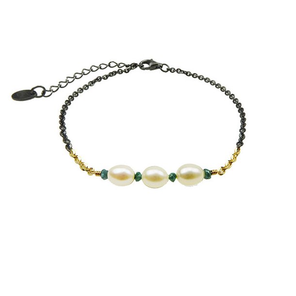 Bracelet &amp; Necklace 925/585 -Oxidised w.Pearls &amp; Blue Diamonds