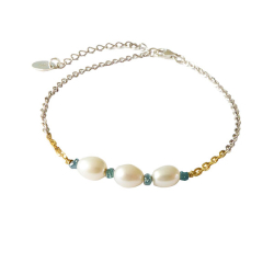 Armbnd eller Halskde i Rhodineret Sterlingslv &amp; 14 karat m.Bl Rdiamanter &amp; Ferskvandsperler