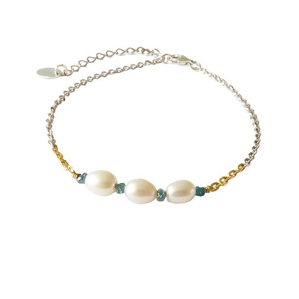 Bracelet &amp; Necklace 925/585 - Rhodium w.Pearls &amp; Blue Diamonds