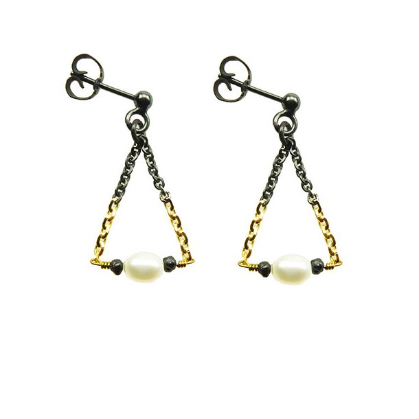 Earrings 925/585 - Oxidised w.Pearls &amp; Black Diamonds