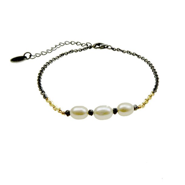Bracelet &amp; Necklace 925/585 - Oxidised w.Pearls &amp; Black Diamonds