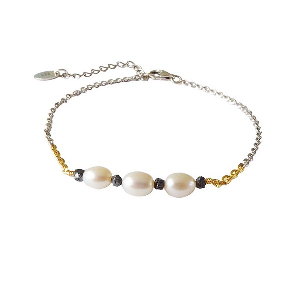 Bracelet &amp; Necklace 925/585 -Rhodium w. Pearls &amp; Black Diamonds