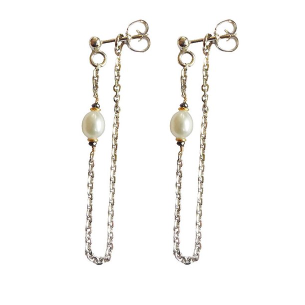 Earrings 925/585 -Rhodium w.Pearls &amp; Black Diamonds