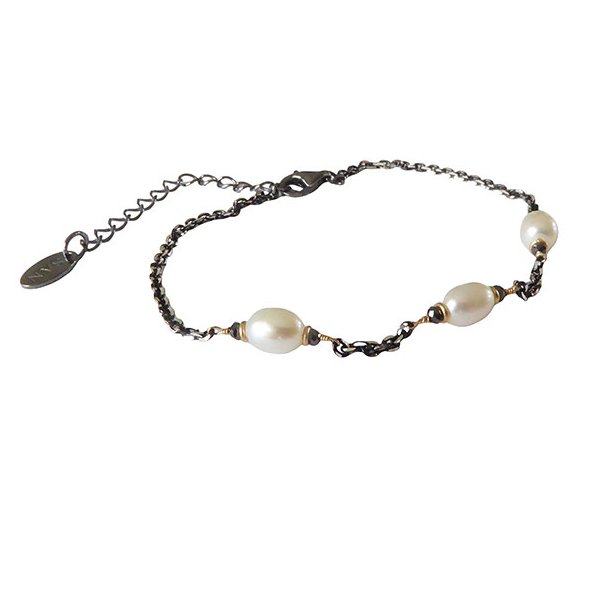 Bracelet &amp; Necklace 925/585 -Black Rhodium w. Pearls &amp; Black Diamonds