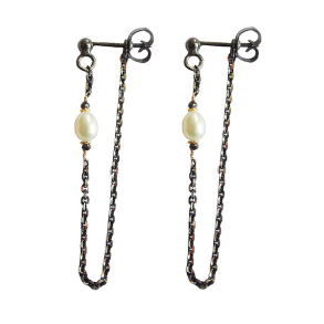 reringe i oxideret Sterlingslv & 14kt m.Ferskvandsperler  & Sorte Diamanter