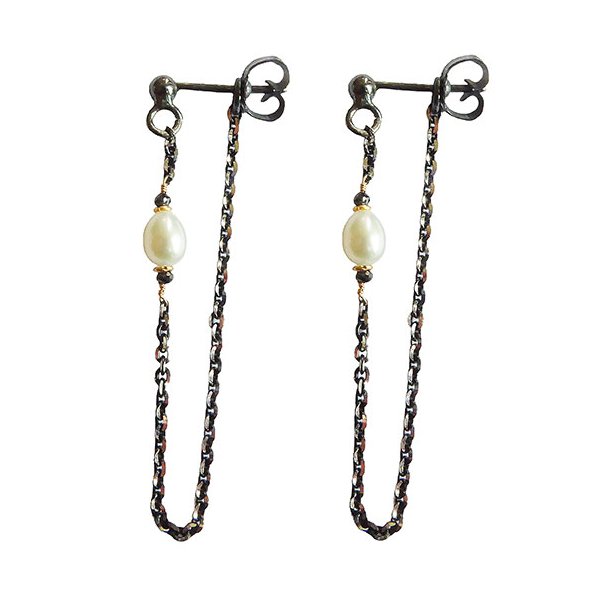 Earrings 925/585 - Black Rhodium w.Pearls &amp; Black Diamonds