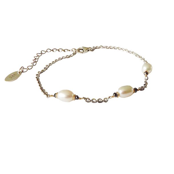 Bracelet &amp; Necklace 925/585 - Rhodium w.Pearls &amp; Black Diamonds