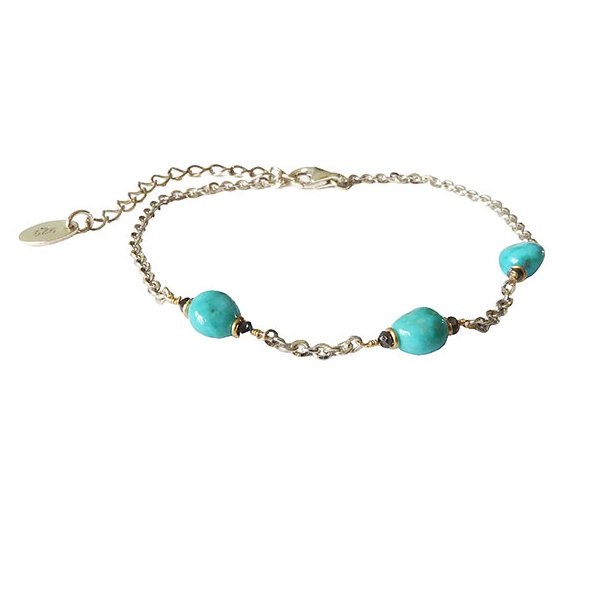 Bracelet &amp; Necklace 925/585 - Rhodium w.Turquoise &amp; Black Diamonds
