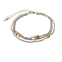 Armbnd eller Halskde i 3 rkker med Turmaliner &amp; Rhodineret Sterlingslv