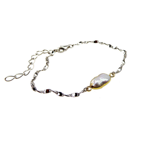 Armbnd  eller Halskde med Barok Ferskvandsperle & Rhodineret/Forgyldt Sterlingslv