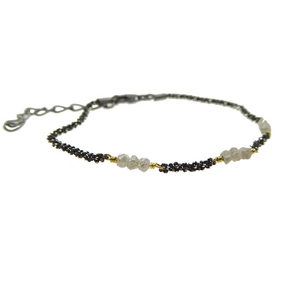 Bracelet &amp; Necklace - Oxidised/Goldplated w. grey Raw Diamonds