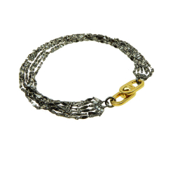 Armbnd &amp; Halskde - 6 rk.Oxideret Rustik/Hamret m.Forgyldt Magnetls