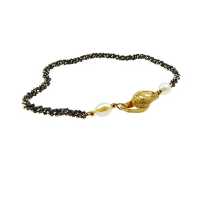 Armbnd eller Halskde - Oxideret/Forgyldt m.Magnetls & Hvide Ferskvandsperler